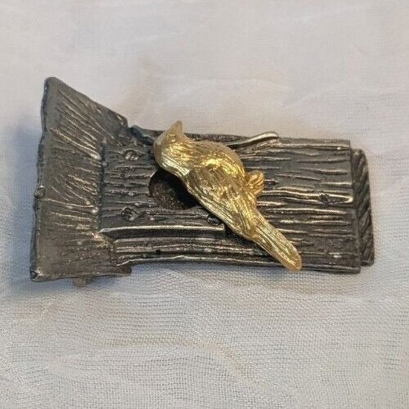 M. Bastin Birdhouse Signed Brooch Pinback Pewter Vtg 1999 Gold Tone Lapel Nature - Picture 6 of 12